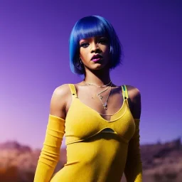 Rihanna as smurf with yellow flowers for hair,zoom eyes, closed eyes, rtx, reflection, 8k, glow, winning photography, caustics