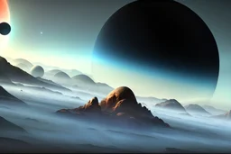 Alien landscape with Epic exoplanet with rings in the sky, over the valley