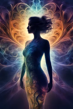 (semi-transparent body silhouette from fractal patterns, interconnected lifeforms:1.3), a beautiful young woman, the most beautiful form of chaos, twilight, abstract background, mystical and mesmerizing scene, colorful, intricate details, (soft light, high sharpness, RAW photo, hyperdetailed, HDR:1.2)