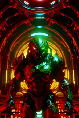 Cinematic still frame, accident bioluminescent neon stained glass reflected in the visor of the Doom Slayer, standing in the Ancient Temple of Urdak, unreal graphics, beautiful lighting, cinematic, key visuals effects and aesthetic features of Doom: Eternal