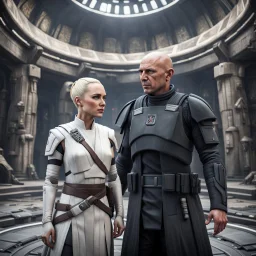 a bold and heroic bald male Corellian pilot in black and metallic grey First Order special forces gear meets a female Jedi Master in ancient, mystical temple, hyperdetailed, dynamic lighting, hyperdetailed background, 8k resolution, volumetric lighting, light skin, fully symmetric details