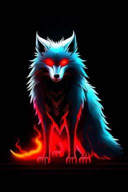 Super cool ghostly spiritual kitsune with menacing glowing eyes In a pitch-black room. It sits alone staring straightly and deeply at us, it has a painted-anime style.