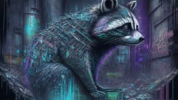 Graffiti trash panda; neo-surrealism dystopian eldritch elegant fantastical intricate hyperdetailed holographic magnificent meticulous mysterious ominous