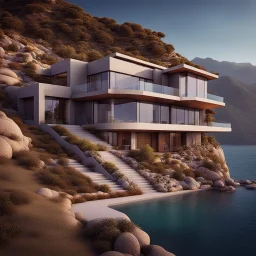 Dream house with modern architecture design, built on a rocky terrain overlooking the ocean and mountains, with multiple levels, with large windows and doors that offer panoramic views. The architecture features acute angles and a rooftop terrace. The rocky terrain has plants and a gravel path leading to the house. The background is a clear sky, blue ocean waves and mountains with greenery