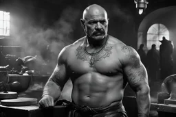 [very impressive high res masterpiece in Kodak Eastman 5247, scene by László Krasznahorkai] bald Charles Bronson as Vulcan covered with tattoos, the deity of hell and blacksmith of gods, in his smoky workshop, his hands are surrounded by an aura of power