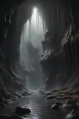 dark fantasy landscape, a misteriousus big cave, A dripping, crowd-eyed tentacular monster, perfect composition, beautiful detailed intricate insanely detailed octane render trending on artstation, 8 k artistic photography, photorealistic concept art, soft natural volumetric cinematic perfect light, chiaroscuro, award - winning photograph, masterpiece, oil on canvas, raphael, caravaggio, greg rutkowski, beeple, beksinski, giger
