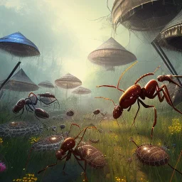 a beautiful full frame portrait digital painting of ant tribe practice,adventure game in wild creature for old street, wide angle view, close-up, macro lens, centered camera, titanium accents, intricate details, small minutiae, tiny features, particulars, colorful, 64k, least ambient occlusion, volumetric lighting, volumetric clouds