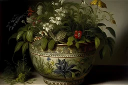 A pot filled with plants painted by Henri-Robert Bresil