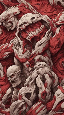 Create a captivating pattern inspired by the anime first Titan in Attack on Titan. The design should embody the essence of the inaugural Titan, capturing its colossal power and fearsome presence. Consider the intricate details of its transformation, incorporating the emotional undertones and brutal strength that define the Titan. Whether through stark lines or flowing curves red colors