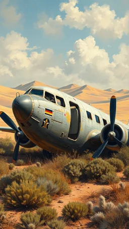 A side view of a1950 military 2 engines airplane with broken glass and doors in front of crashed in realistic desert with sand dunes , in a forgotten battlefield over run by vegetation, cutesy tiktok detailed oil painting, grainy, old style