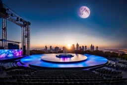 a big open disko stage in modern city center environment , at distance,blue sky pretty clouds ,night,moon light .