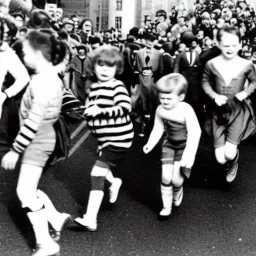 Creepy old photo of rainbow zippy monster chasing children at new year