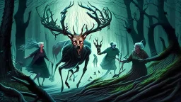 lovecraftian styled resurrected unhappy single deer chasing the older drunk lady through the forest while the survivors in his deer family watches with relief