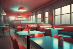 American dinner place interior without of people. early morning in Texas very sunny day. Colorful and juicy style. Like interior design example. All tables is empty but exept one, on that one is all the mess - dirty dishes and garbages. Minimalistic Photorealistic image. Photo futuristic.