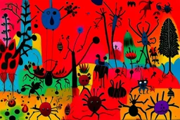 A magenta jungle with fiery weevils painted by Joan Miro