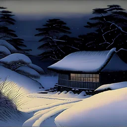 A winter scene at dusk with the hut in distance and stone path in the snow leading to hut painted by Japanese art