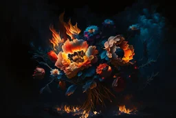 flower bouquet in fire in moonlight