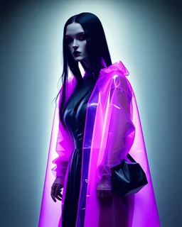 Picture by koson ohara and marta bevacqua, portrait of a beautiful goth woman with long black hair, wearing a plastic raincoat, purple neon lighting, 8k, high quality, highly detailed