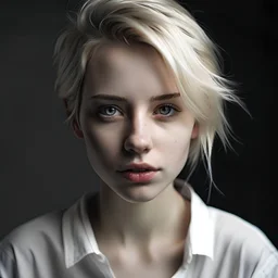 woman, twenty years old, white blond shortish hair, loose strands framing face, wavy, strong facial features, soft nose, dark grey eyes, light pale skin, rose lips whithe shirt, portrait, close up, beatiful young woman, many shadows, hair tied up, loose strands framing face, little make up, ferfect skin, defying expression, chin pointed up, wild hair