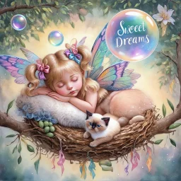 Whimsical airbrushed watercolor painting of a fairy’s nest on an olive tree branch. In the nest, an adorable 3-year-old fairy toddler with blond hair in pigtails held by glossy pastel-toned ribbons and iridescent wings is sleeping closely with her soft Siamese kitten. A transparent dream bubble with "sweet dreams" floats above her. The background features a magical forest, full of sweetness.