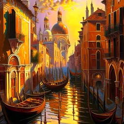 A realistic oil painting of medieval Venice, with intricate details of the architecture and streets, painted in the style of Jan van Eyck and Paul Cézanne, (long shot), warm golden lighting, vibrant colors, historical accuracy.