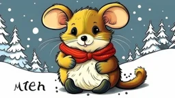 fantasy cartoon style illustration: A tiny mouse is sitting in a handglove on snow