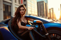 Create an ultra-realistic cinematic 8K fullbody of lady mode skin texture, add makeup,pretty boots,curvy long hair. Style: fashion editorial, confident is driving a blue Lamborghini SC20 in streets of a modern city. Lighting: warm golden hour sunlight, soft rim light. Camera look,camera capture full Lamborghini SC20: shallow depth of field, film grain, cinematic color grade.
