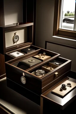 "Create an image that conveys the opulence of a Key Bey Berk watch box within a lavish walk-in closet. The box should be placed on a glass shelf, surrounded by designer clothing and accessories. Showcase the box's quality and its place in a luxury lifestyle."