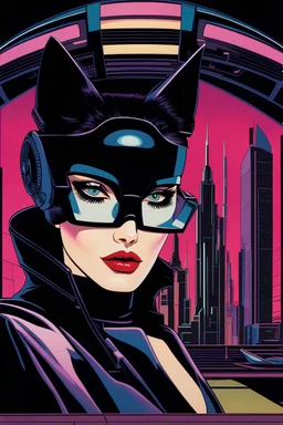 close-up crossed-eye black cat pet, in a futuristic environment ((80's horror poster)), Patrick Nagel, synthwave, Photo realistic.