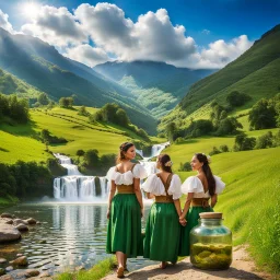 very nice country side with hills ,waterfall over a river with clear water,girls with perfect pretty face in folk costums and a jar, filling their jugs with water and some of them leaving while carring there jugs in there shouldes and 1beautiful girl with jug in shoulder in closeup , very nice mountains at distant, nice clouds in sky ,wide green field with flowers.