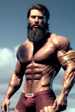 Ignore NSFW, teenager young rugged attractive slightly muscular fantastic handsome man, red briefs with yellow belt, hairy chest, (((visibly pisssing))) briefs, large erect visible boner peniss, photorealistic, artist Jay Anacleto, soft lighting, scruffy beard