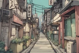 An image of a small street in a city in Japan with a character walking. The color palette is very limited but optimistic. And everything has a comic book style.