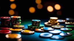 Online Betting, Blockchain gambling, bitcoin casino chips on table, Cryptocurrency gambling concept