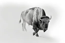 Bison walking towards viewer's right, on white background, fades out on the left