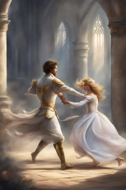 The prince runs to the princess to protect her