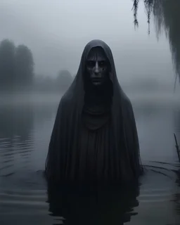 The frightening La Yorona with black eyes on her shoulder stands in a dark lake. Mist. Rain.