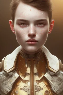 Boy, cute, brown hair, brown eyes, freckles,, head and shoulders portrait, 8k resolution concept art portrait by Greg Rutkowski, Artgerm, WLOP, Alphonse Mucha dynamic lighting hyperdetailed intricately detailed Splash art trending on Artstation triadic colors