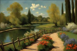 amazing sunny spring day, trees, flowers, fence, little pond, frederic bazille impressionism painting