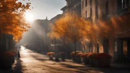 calm beauty, uplifting, inspiring, therapeutic, cityscape, autumn, sunlight, chiaroscuro, color, award-winning colour photograph, Nikon 85mm