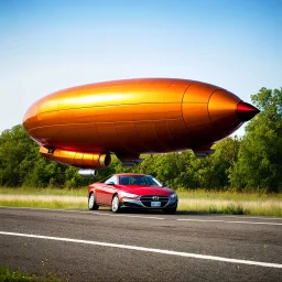 award winning photograph of a steampunk house-fly ufo genetic-spliced dirigible designed by only one vehicle per image painted metallic orange traveling at a high rate of speed, jet intake off of front center of vehicle and jet exhaust out the rear bilaterally symetrical, more a high speed road vehicle