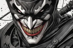 The batman who laughs in 8k comic book artstyle, joker smile, darkness them, close picture, cover eyes, apocalypse, intricate details, highly detailed, high details, detailed portrait, masterpiece,ultra detailed, ultra quality