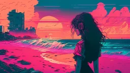 synth-wave beach & city, lone girl, iconic:1.8), comic style