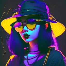 black purple hair asian hipster girl wearing black colored bucket hat with sunglasses yellow neon light