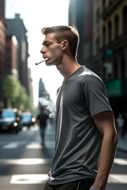 A 25-year-old boy in a men's sports tee is walking in the city, thinking with his head down, smoking a cigarette, and possessing the power of a god