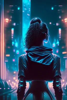 Noir, woman from the back silhouetted by neon lights facing empty night futuristic city in photorealistic style, cyberpunk, ice blue neon signs, street level view, raytracing, depth of field, cinematic, highly detailed, rim lighting