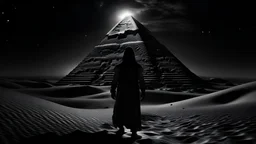 "A super scary cinematic black and white YouTube thumbnail for the horror story 'Whispers of the Sands'. The image shows an uncharted ancient Egyptian pyramid under a star-filled sky. Jonah, a seasoned traveler, stands with his back to the viewer, facing the pyramid. He's holding a light source, creating dramatic shadows around him. The desert dunes surround him, adding to the scene's mystique. The pyramid's entrance emits a strange, ethereal light, suggesting an otherworldly presence.
