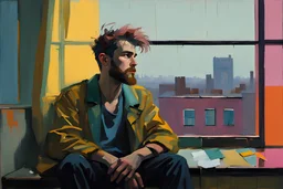 Euan Uglow style dedicated beautiful a dreaming young beard colored punk guy sits and looks out of the livingroom window, stormy Day, neon pop '80s oil paint-style raw-in Blade Runner living room- by Stanley Kubrick