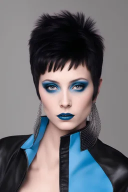 ProtoVision - Absolute reality -- facial portrait -- an absolutely stacked, thin, petite, little female, who resembles an emo Elvis Presley, with great big giant bazoombas, short, military-cut, buzz-cut, pixie-cut black hair tapered on the sides, bright blue eyes, wearing short sleeved, nylon, Turtleneck half shirt, blue jean mini shorts, heavy, black fishnet stockings, punk rock styled, platform boots, red lipstick, dark, emo, eye makeup, a black and gray gradated wall in the background