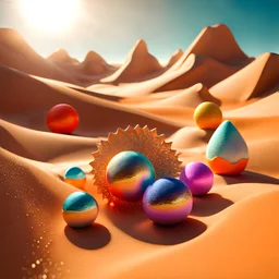 Bright, glittering, 3d, made of modeling clay, surreal objects in a bright environment, desert, noon light