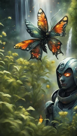 portrait of masked ninja butterfly robot in the garden, waterfall and elves ,lotsa wild weed, in spotlight, magazine cover illustration with spray paint, signed, bokeh like, down-light, unreal engine, prize winning